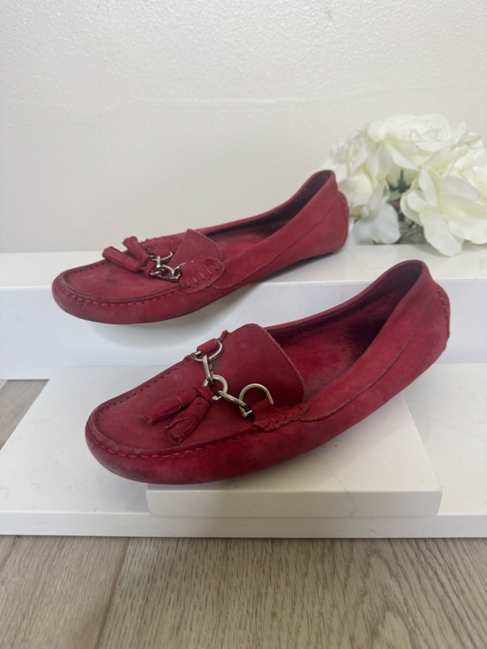 Saks Fifth Ave Red Suede Tassel Loafers